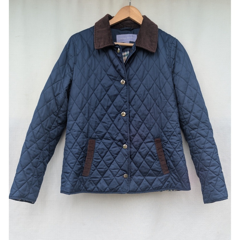 Laura Scott Quilted Barn Jacket Womens M Navy Corduroy Collar Snap Equestrian